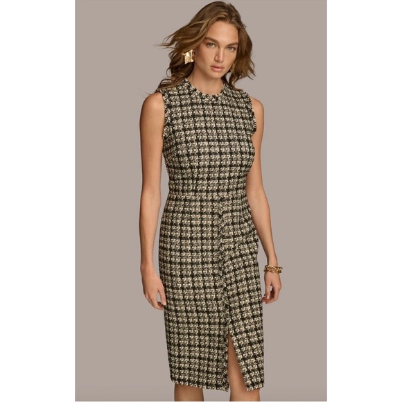 Donna Karan Tweed Dress Knee Length Houndstooth Sleeveless Sheath US 12 NWT - Picture 1 of 16